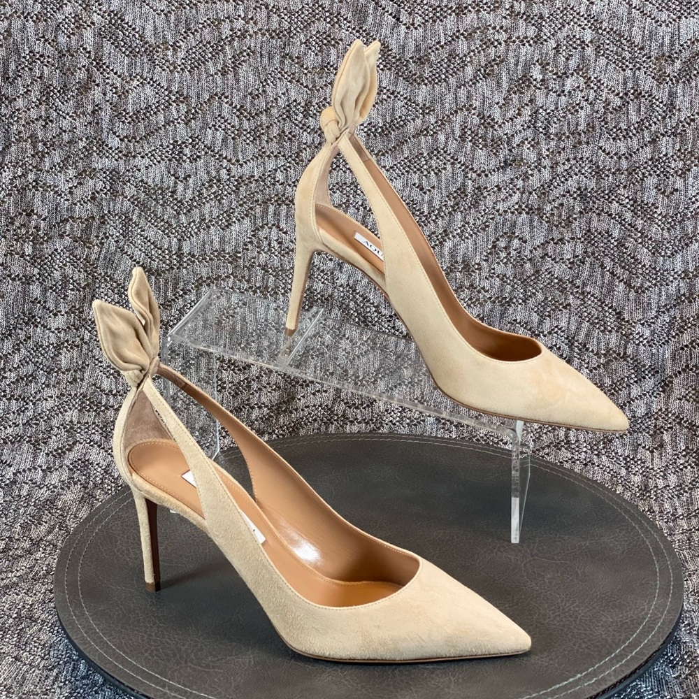 Aquazzura Bow Tie Pump 85mm Heels Nude Size 37 - Picture 7 of 15